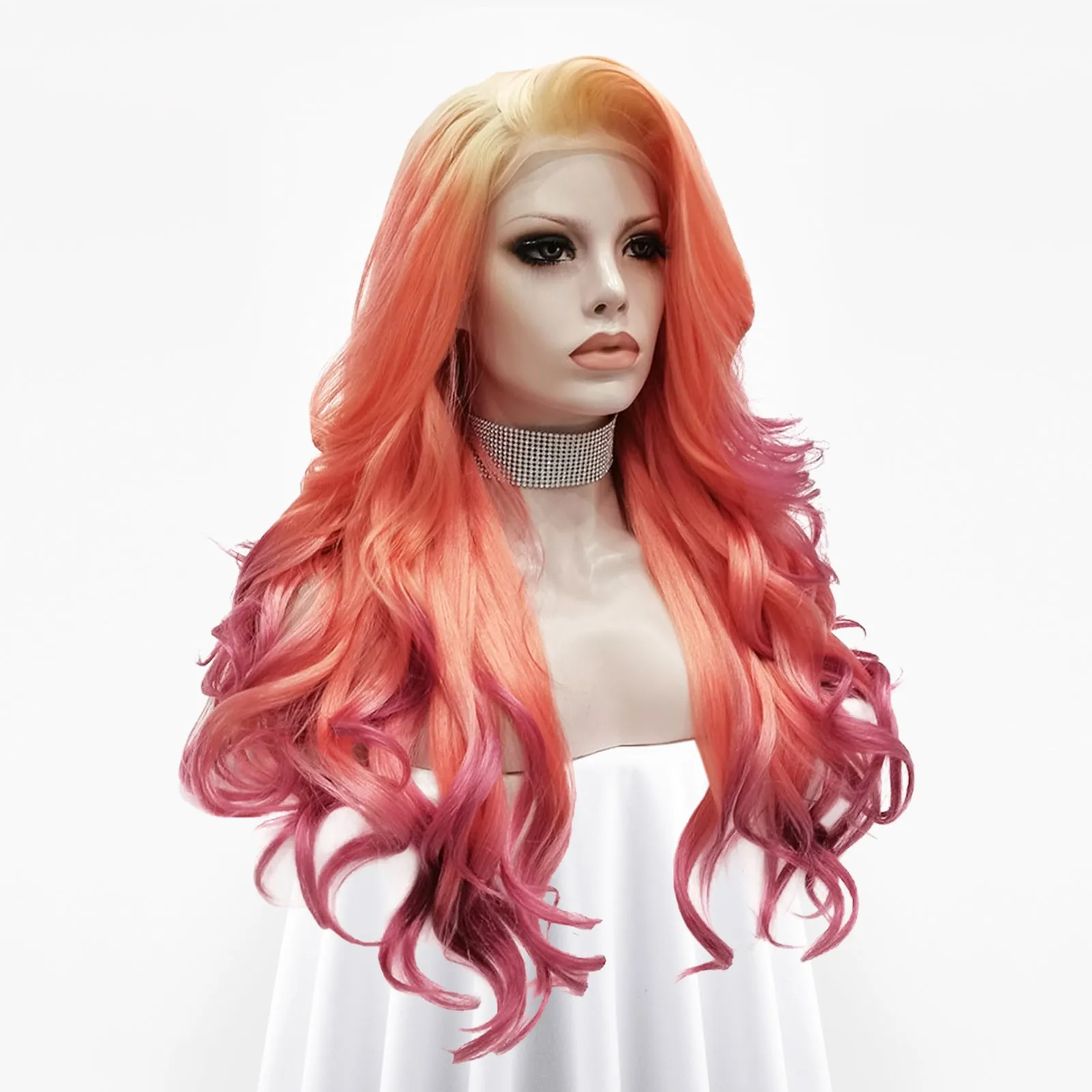 Flamingo - Blonde Orange Purple Ombre Long Wavy Synthetic Lace Front Wig