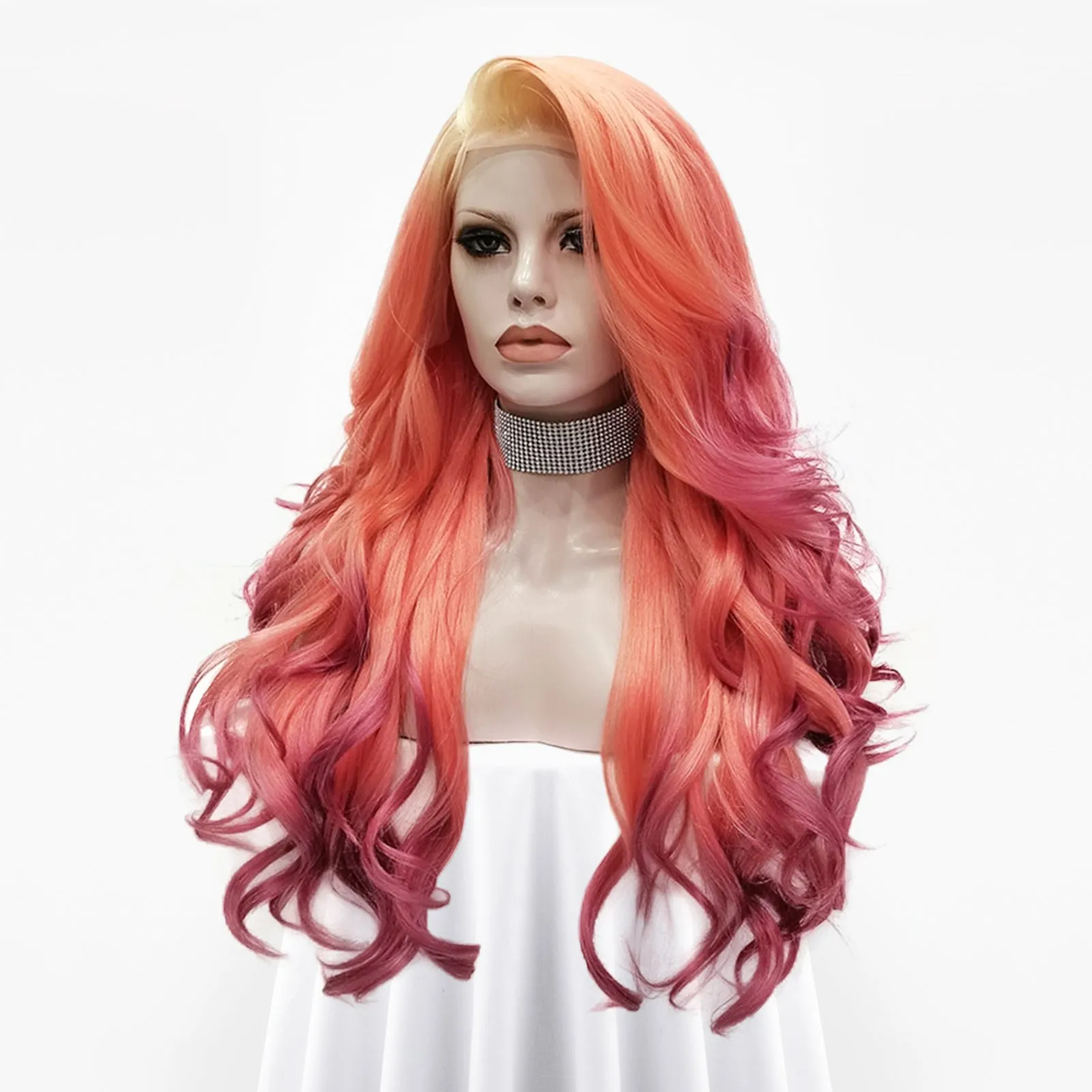 Flamingo - Blonde Orange Purple Ombre Long Wavy Synthetic Lace Front Wig