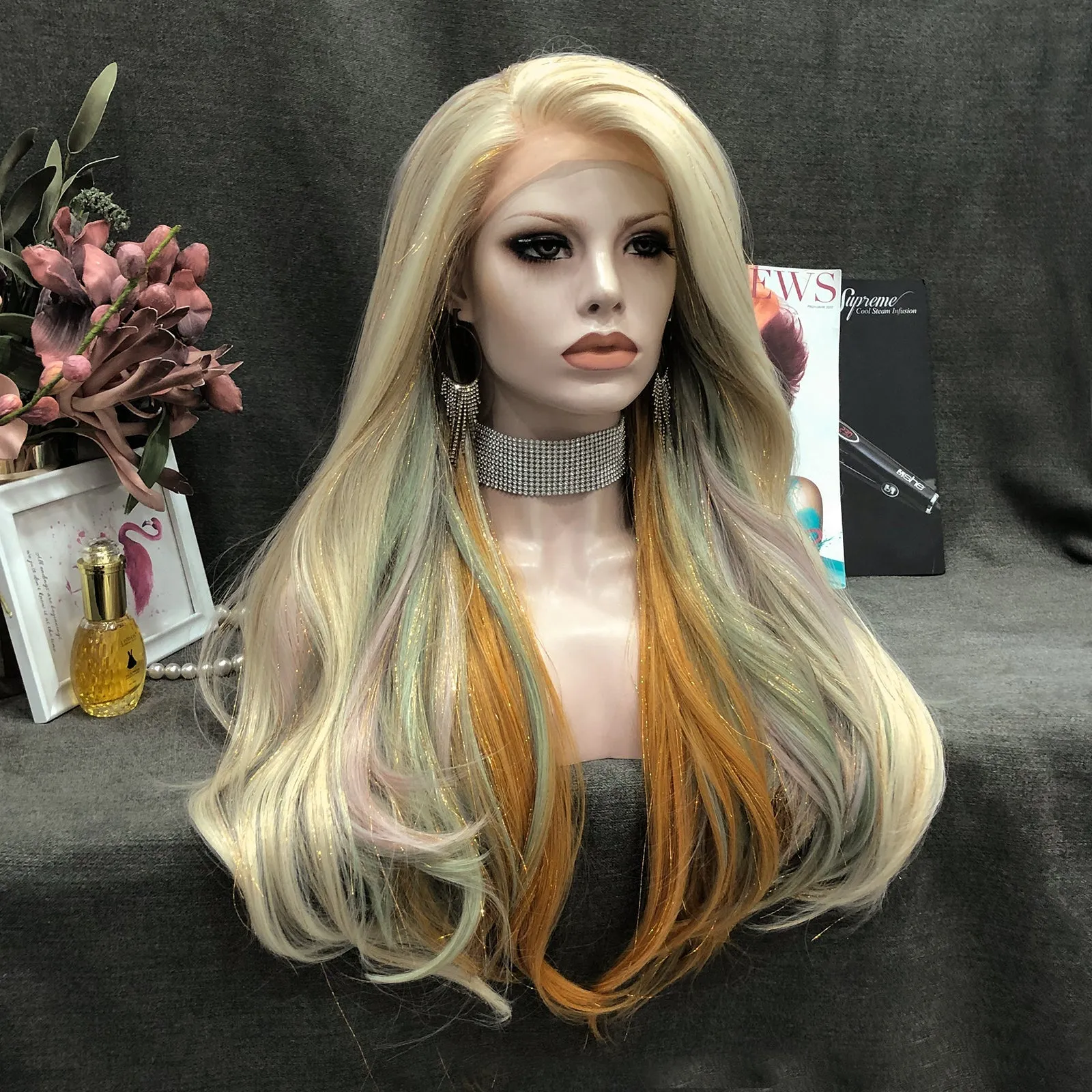 Gloria - Blonde-Light green & Deep Yellow Highlighted With Shiny Tinsel Synthetic Lace Front Wig