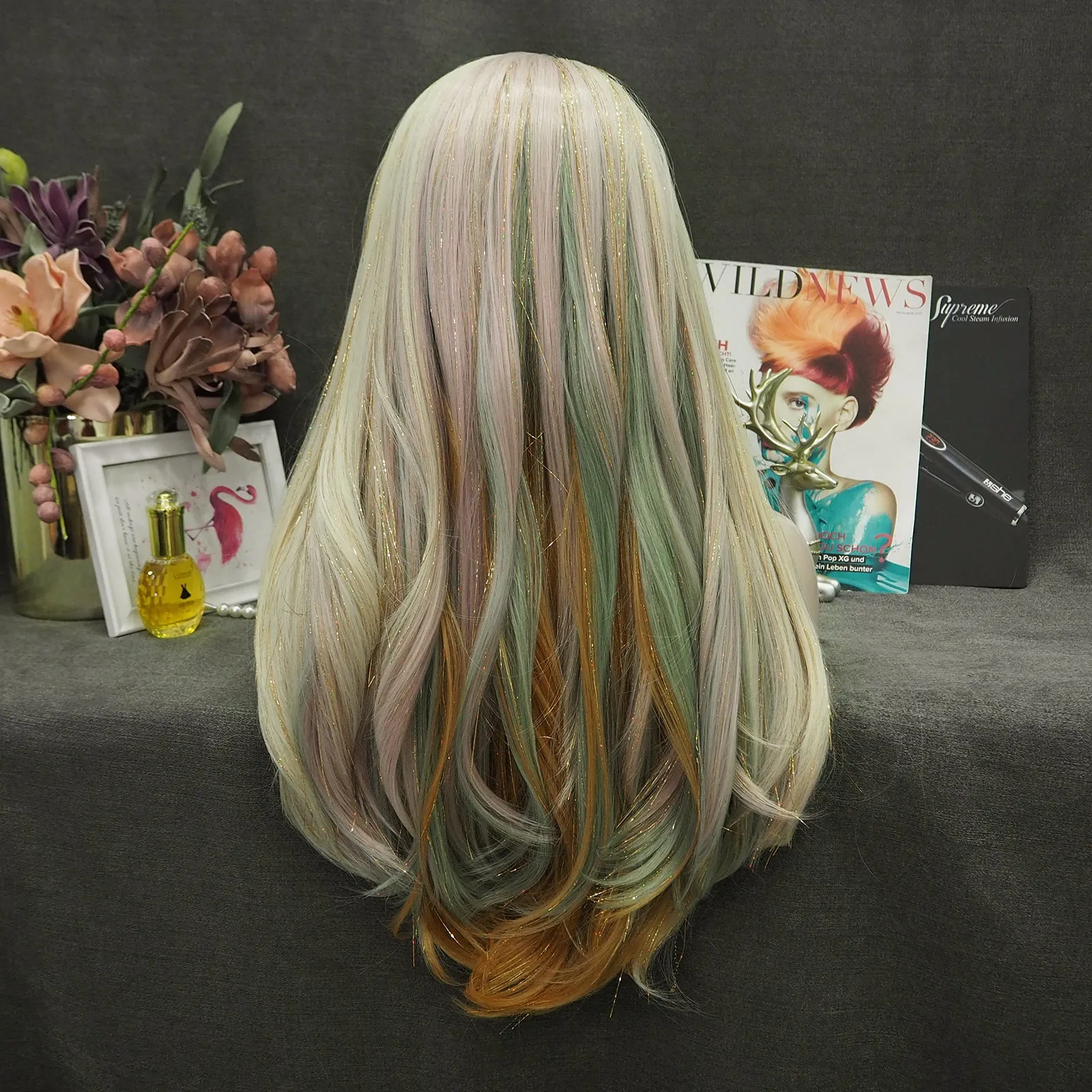 Gloria - Blonde-Light green & Deep Yellow Highlighted With Shiny Tinsel Synthetic Lace Front Wig