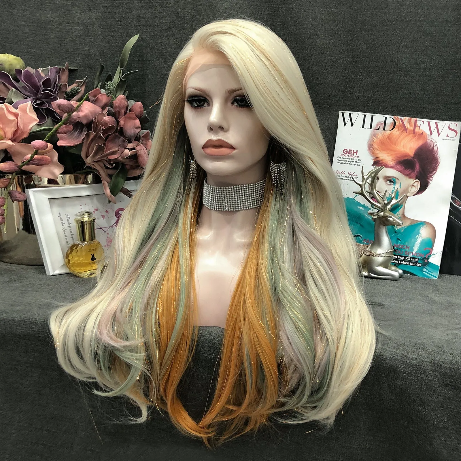 Gloria - Blonde-Light green & Deep Yellow Highlighted With Shiny Tinsel Synthetic Lace Front Wig
