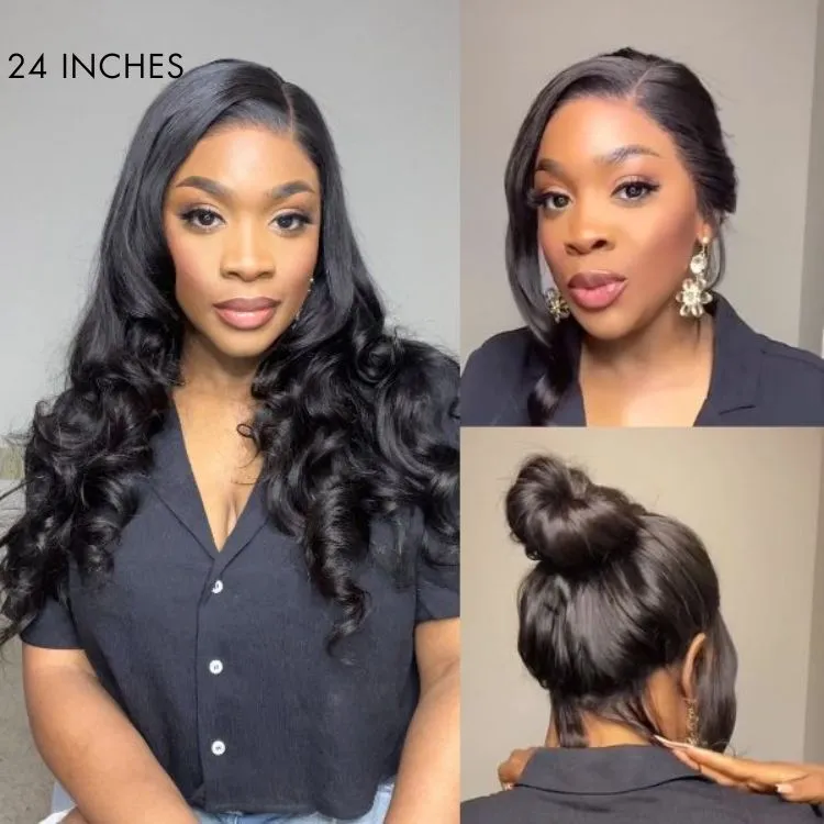 Glueless 13x6 Frontal Lace Natural Black Body Wave Side Part Long Wig 100% Human Hair - US Only
