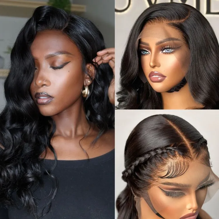 Glueless 13x6 Frontal Lace Natural Black Body Wave Side Part Long Wig 100% Human Hair - US Only