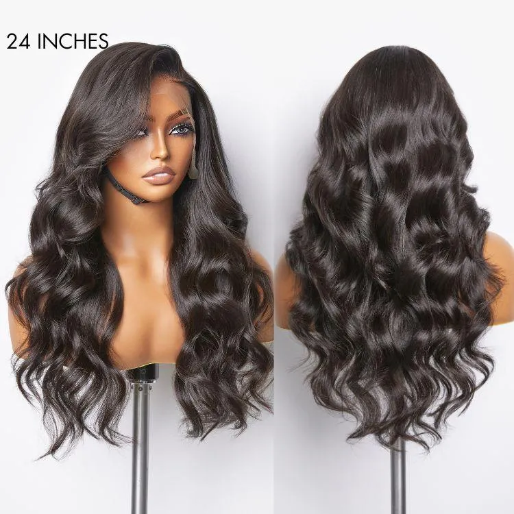 Glueless 13x6 Frontal Lace Natural Black Body Wave Side Part Long Wig 100% Human Hair - US Only