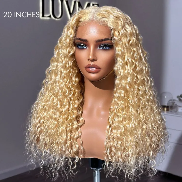 Golden Blonde 613 Water Wave Glueless 5x5 Closure Invisible HD Lace Long Blonde Curly Wig 100% Human Hair