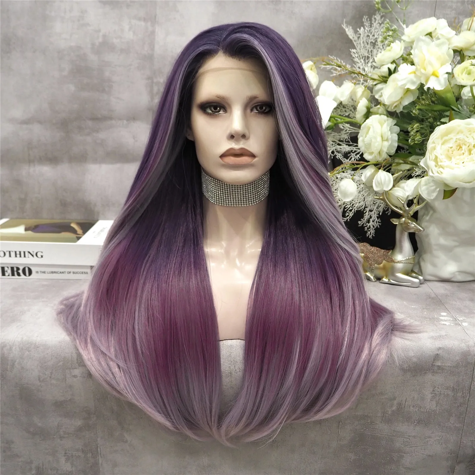 Grape Purple Fade Long Straight Synthetic Lace Front Imstyle Costume Wig