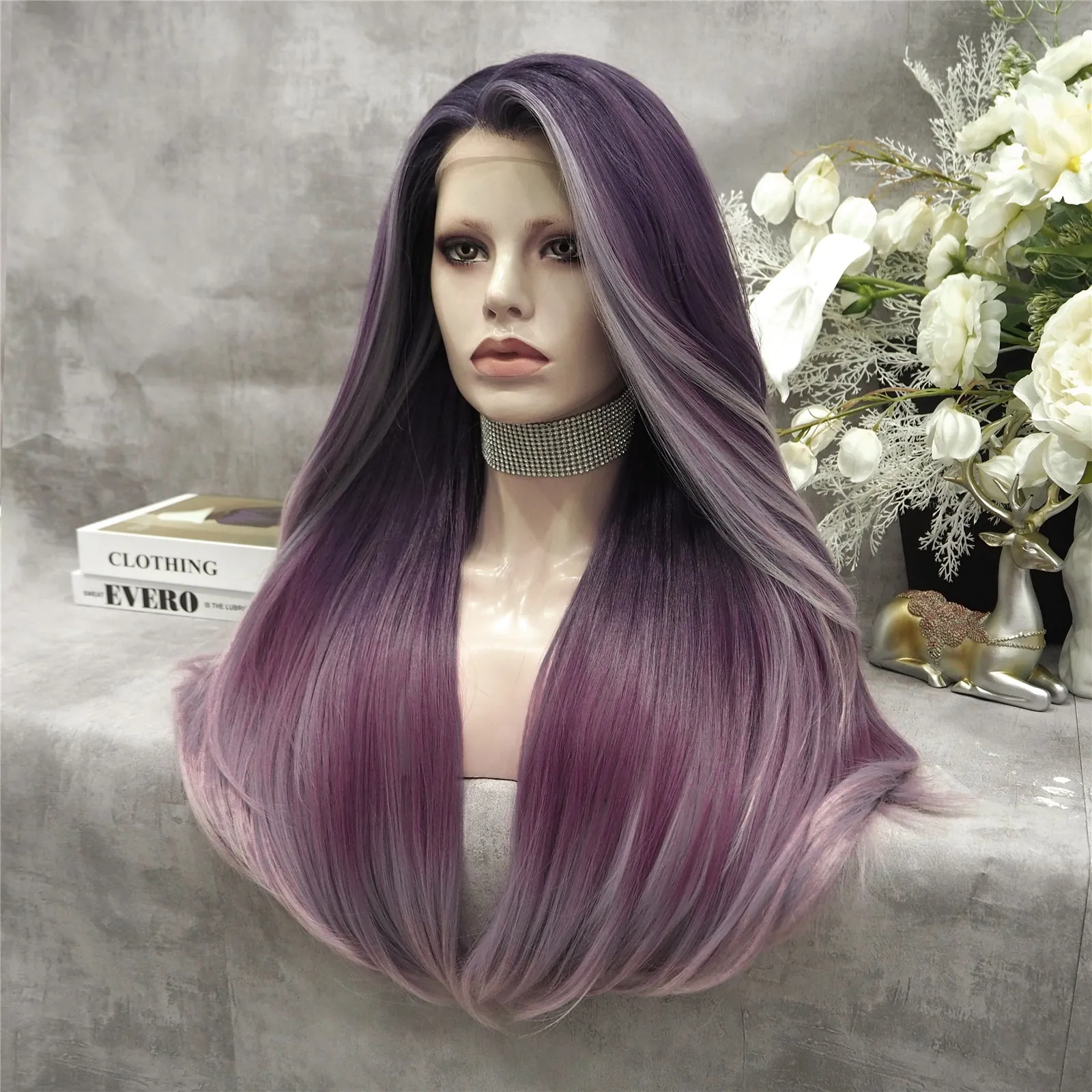 Grape Purple Fade Long Straight Synthetic Lace Front Imstyle Costume Wig