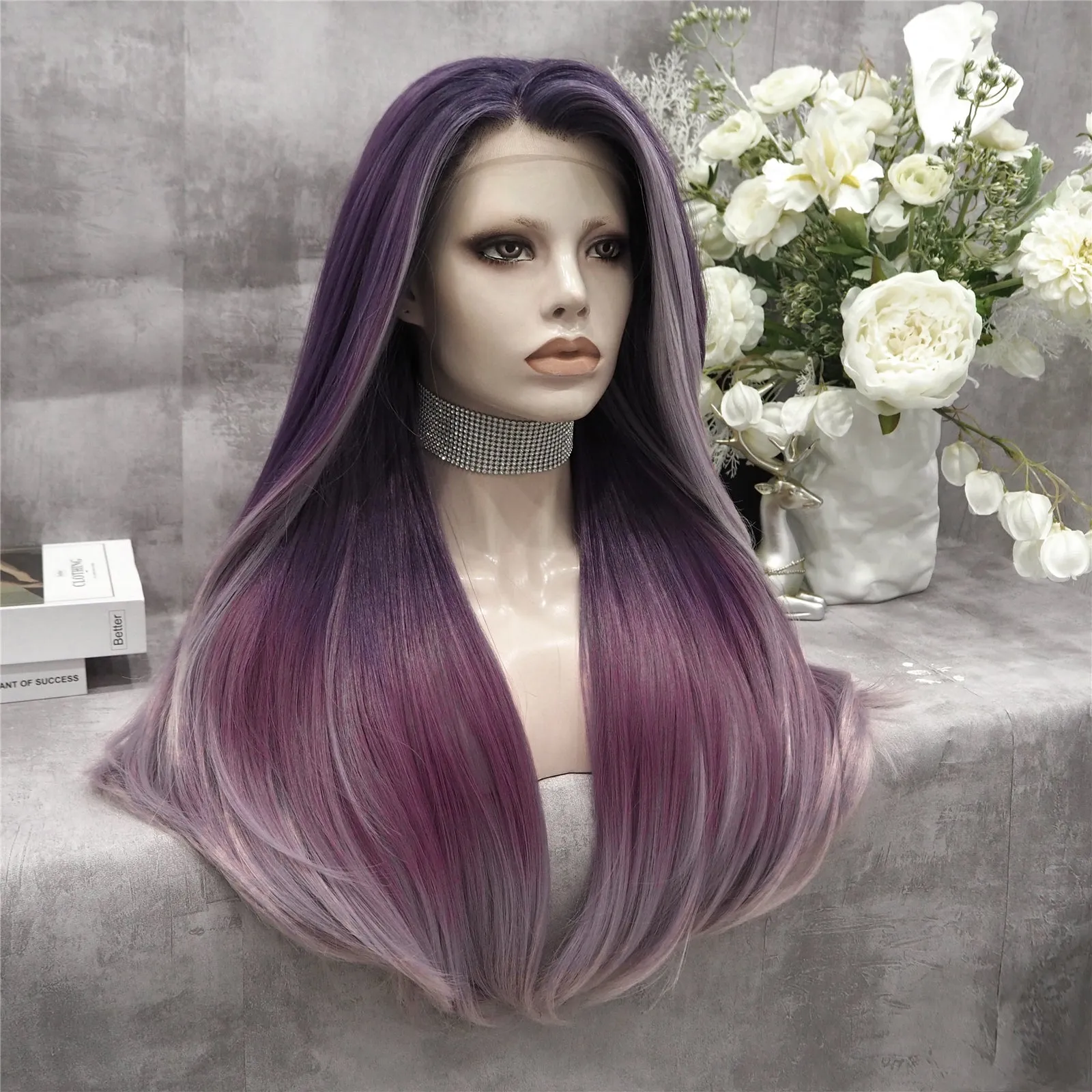 Grape Purple Fade Long Straight Synthetic Lace Front Imstyle Costume Wig