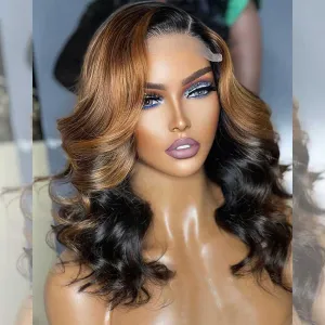 Hairstylist Works 16 inch Shoulder Length Wigs Highlight Colored Human Hair Lace Front Bob Wigs