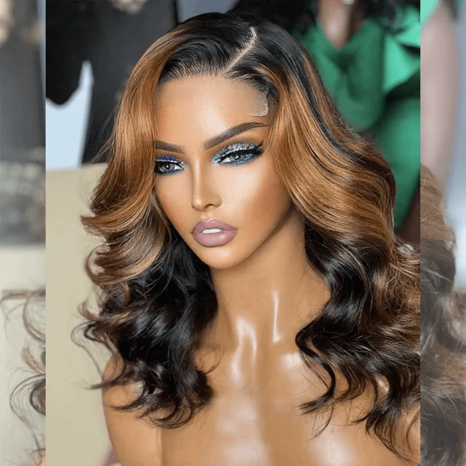 Hairstylist Works 16 inch Shoulder Length Wigs Highlight Colored Human Hair Lace Front Bob Wigs