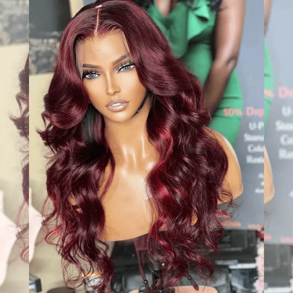 Hairstylist Works Little Red Highlights 99J Colored Wigs 13x6 Lace Front Human Hair Wigs