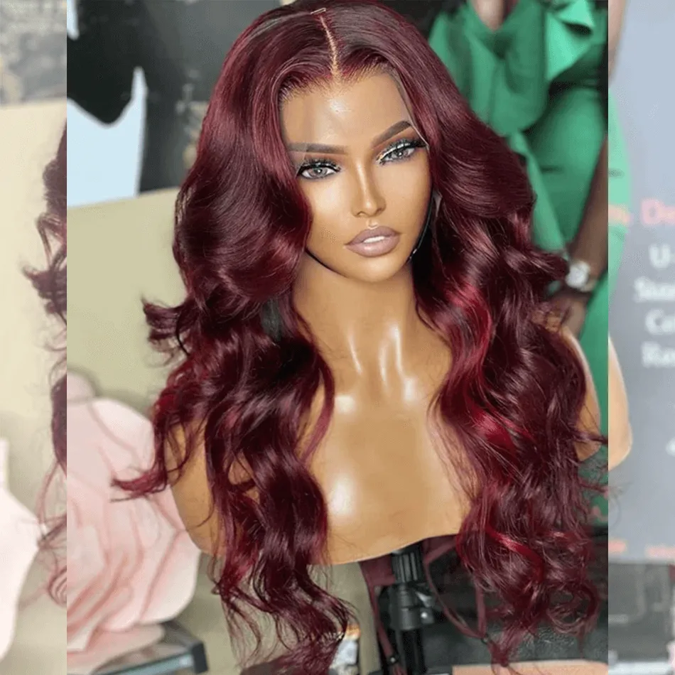 Hairstylist Works Little Red Highlights 99J Colored Wigs 13x6 Lace Front Human Hair Wigs