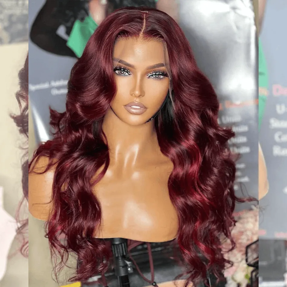Hairstylist Works Little Red Highlights 99J Colored Wigs 13x6 Lace Front Human Hair Wigs