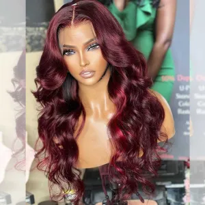 Hairstylist Works Little Red Highlights 99J Colored Wigs 13x6 Lace Front Human Hair Wigs