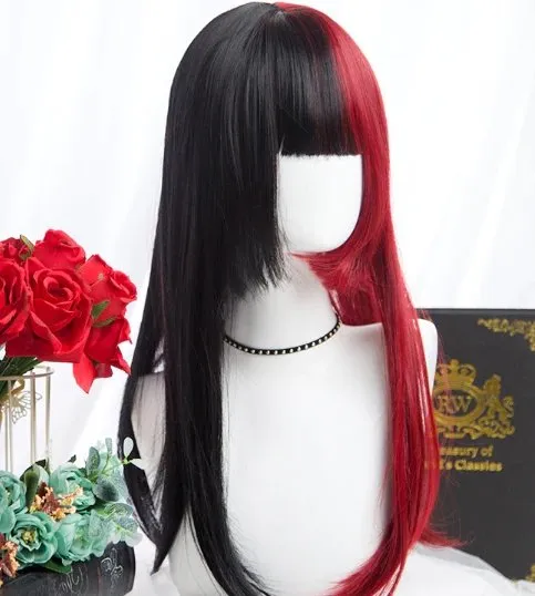 Lolita Black Red Double Long Straight Wig