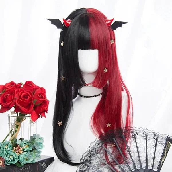 Lolita Black Red Double Long Straight Wig