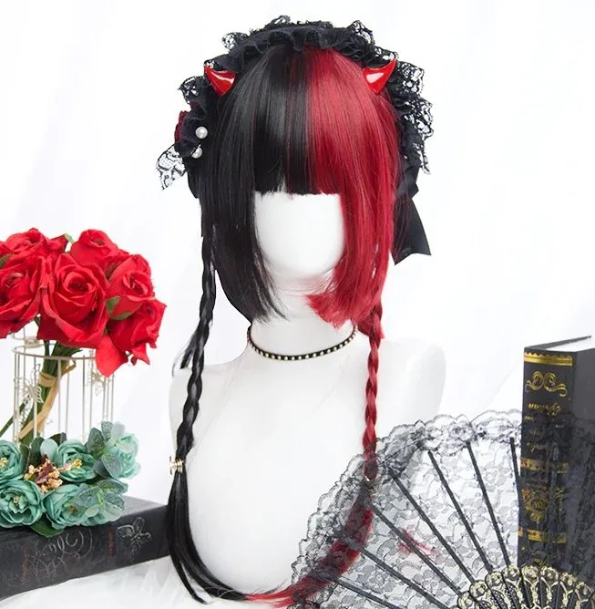 Lolita Black Red Double Long Straight Wig