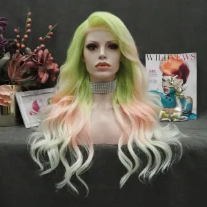 Macarons - Green to Light Pink Blue Ombre Tinsel  Long Wavy Synthetic Lace Front Wig
