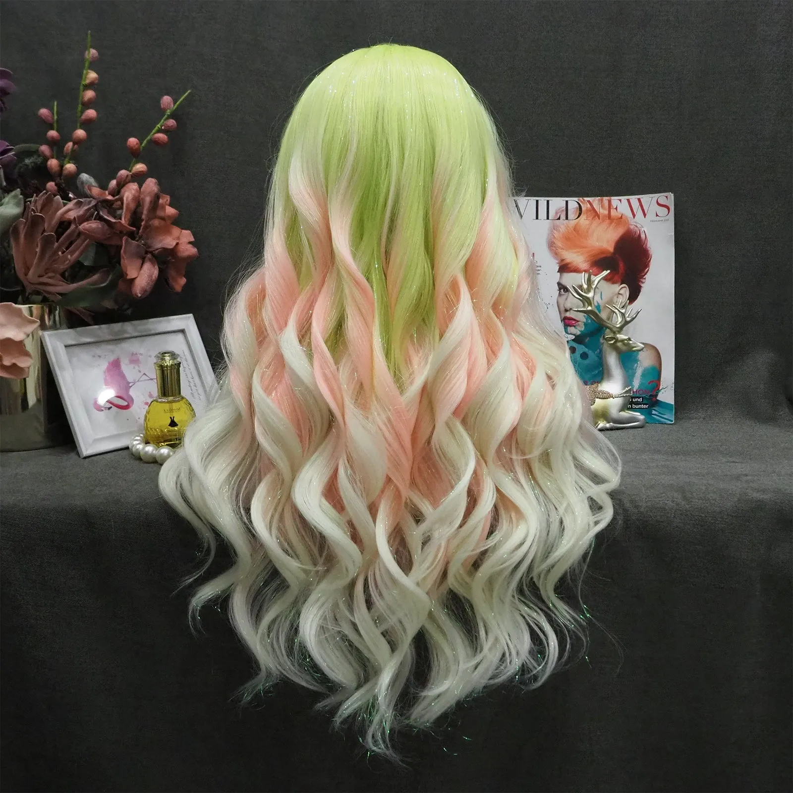 Macarons - Green to Light Pink Blue Ombre Tinsel  Long Wavy Synthetic Lace Front Wig