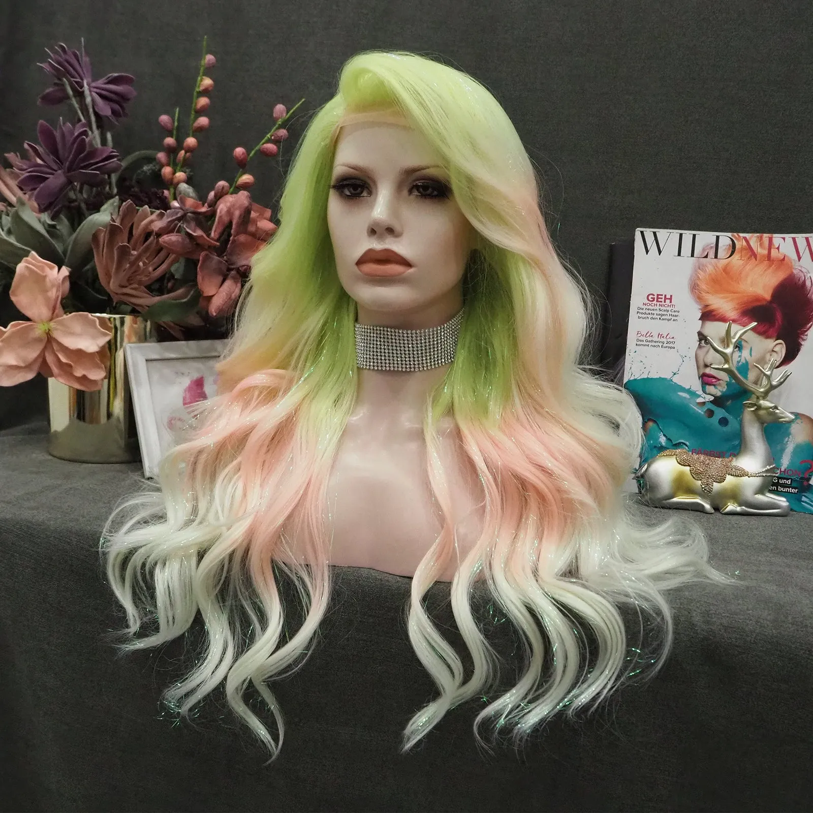 Macarons - Green to Light Pink Blue Ombre Tinsel  Long Wavy Synthetic Lace Front Wig