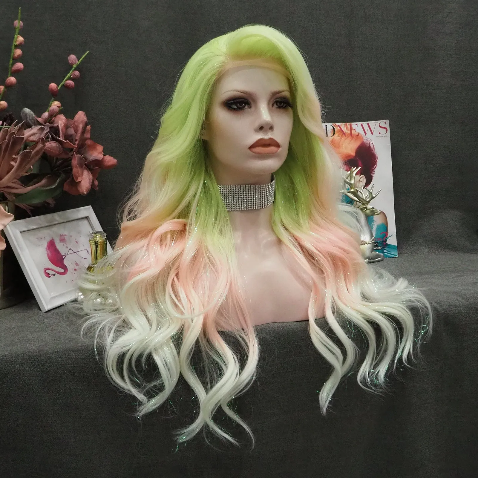 Macarons - Green to Light Pink Blue Ombre Tinsel  Long Wavy Synthetic Lace Front Wig