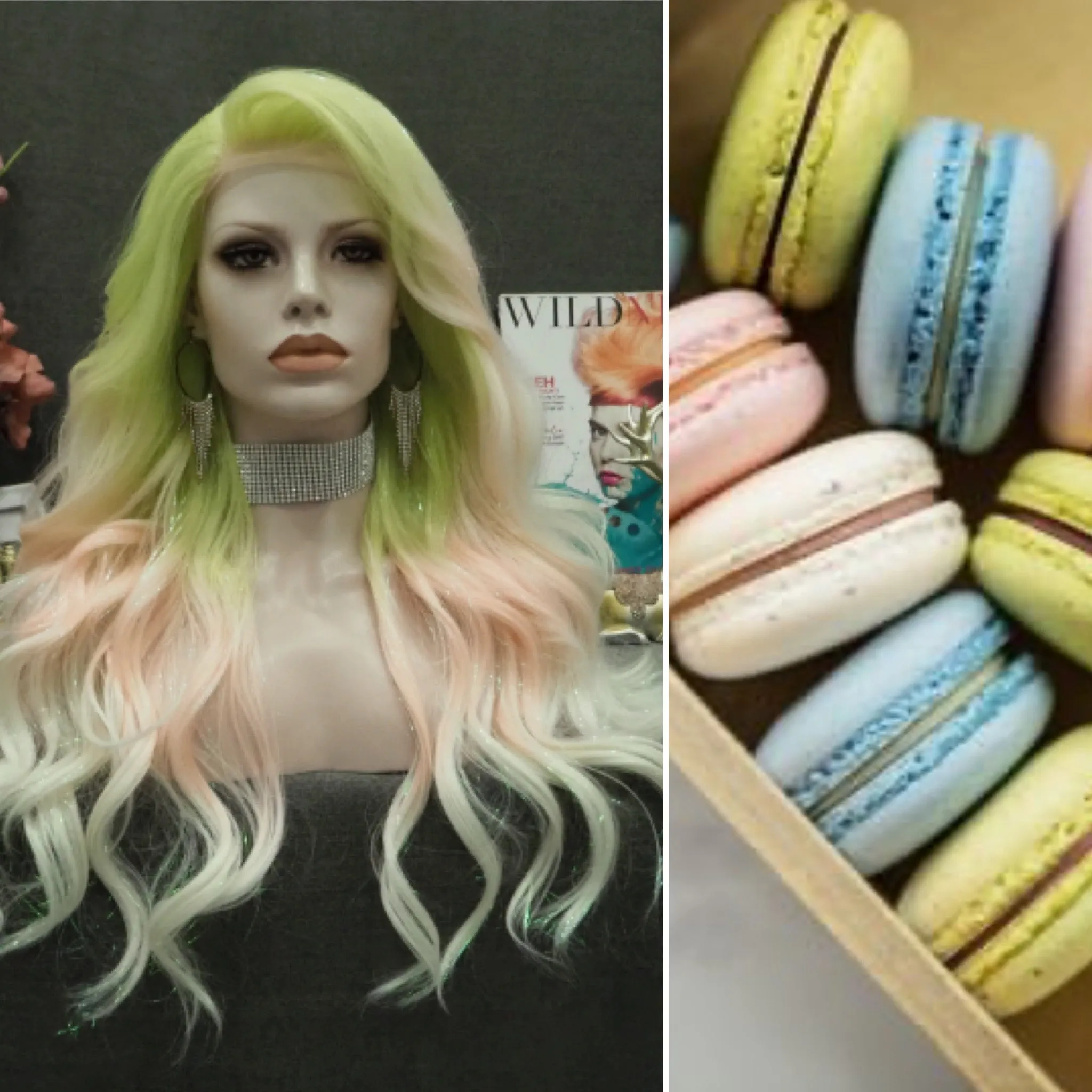 Macarons - Green to Light Pink Blue Ombre Tinsel  Long Wavy Synthetic Lace Front Wig