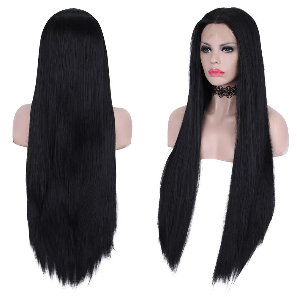 Morticia- Natural Black Straight Synthetic Lace Front Wig For Drag Queen