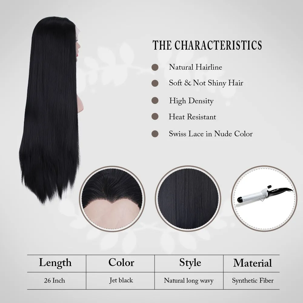 Morticia- Natural Black Straight Synthetic Lace Front Wig For Drag Queen