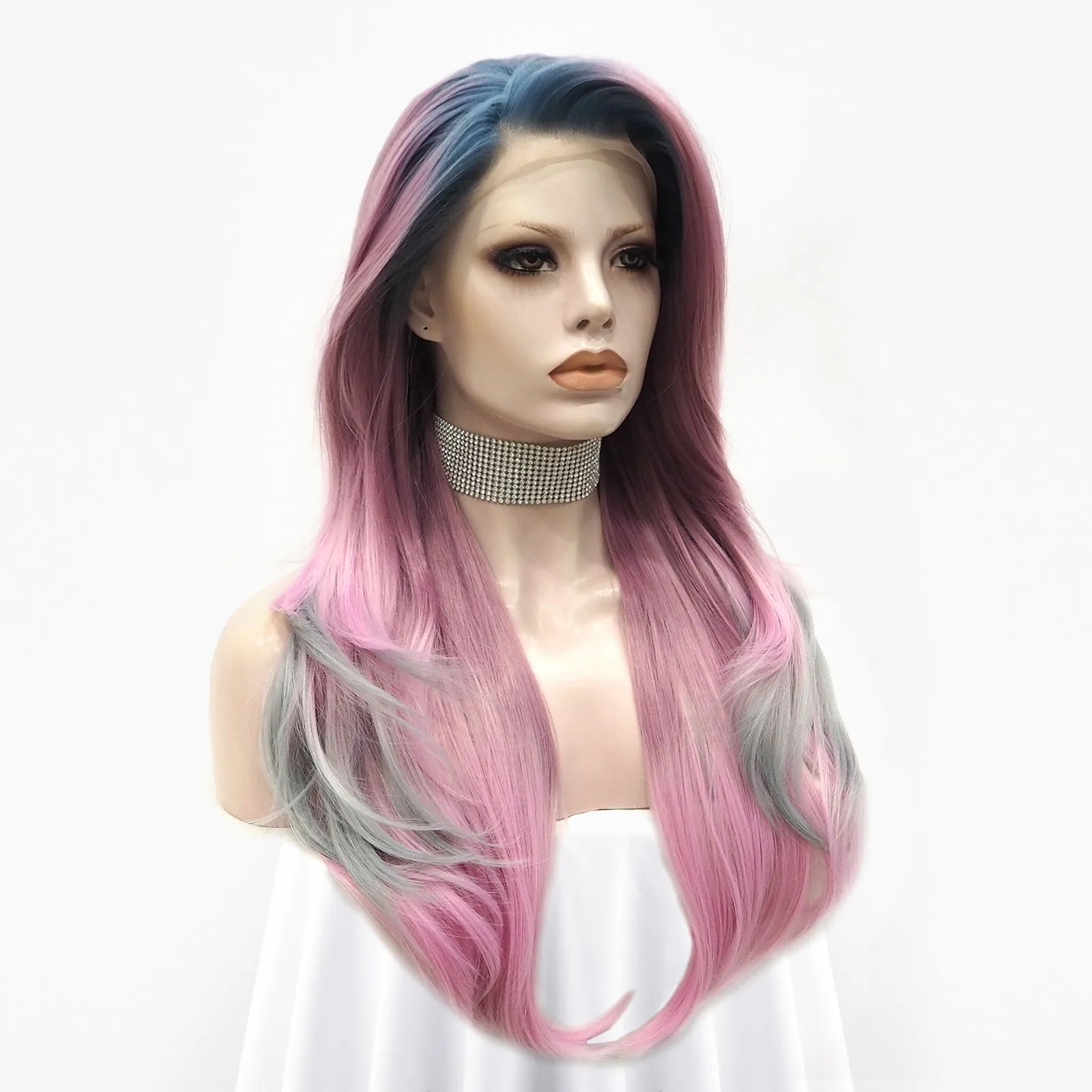 Pink Blue And Gray Ombre  Long Loose Wave Synthetic Lace Front Wig