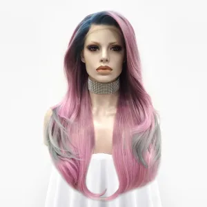 Pink Blue And Gray Ombre  Long Loose Wave Synthetic Lace Front Wig