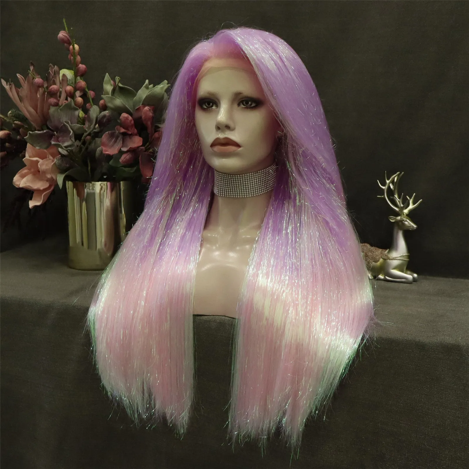 Pink Ombre Tinsel With Synthetic Long Straight Lace Front Costume Party Wig