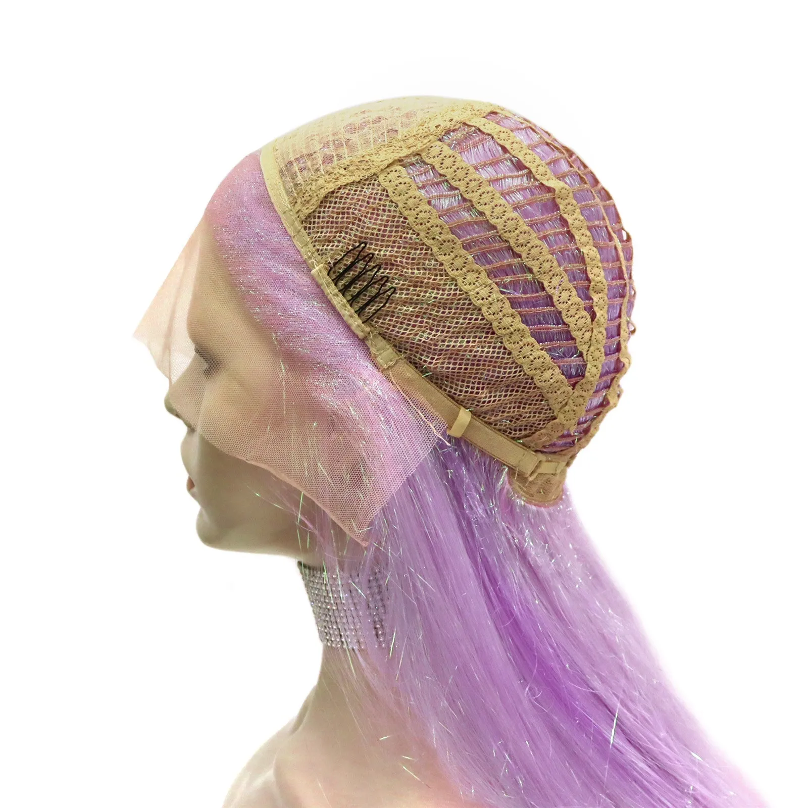 Pink Ombre Tinsel With Synthetic Long Straight Lace Front Costume Party Wig