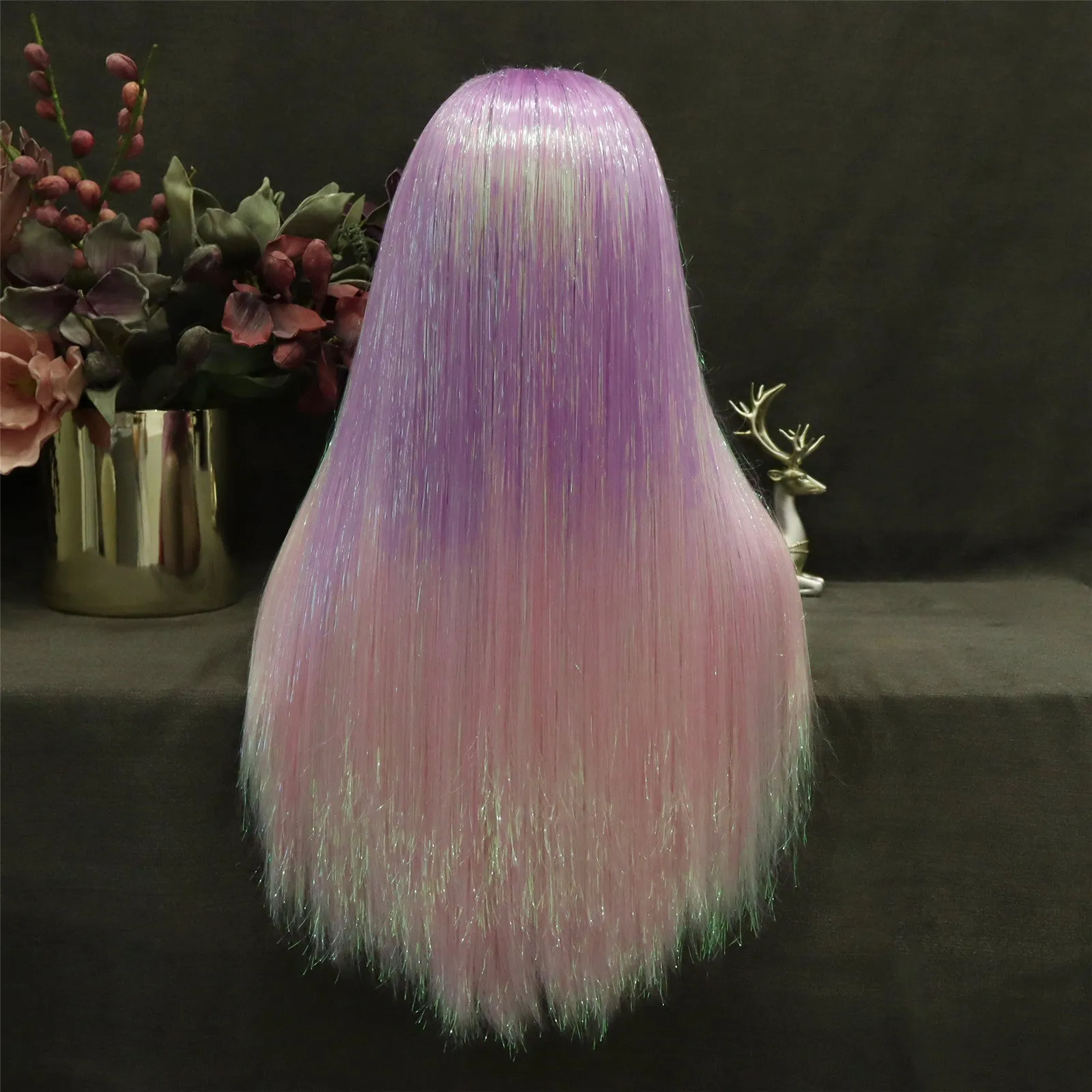 Pink Ombre Tinsel With Synthetic Long Straight Lace Front Costume Party Wig