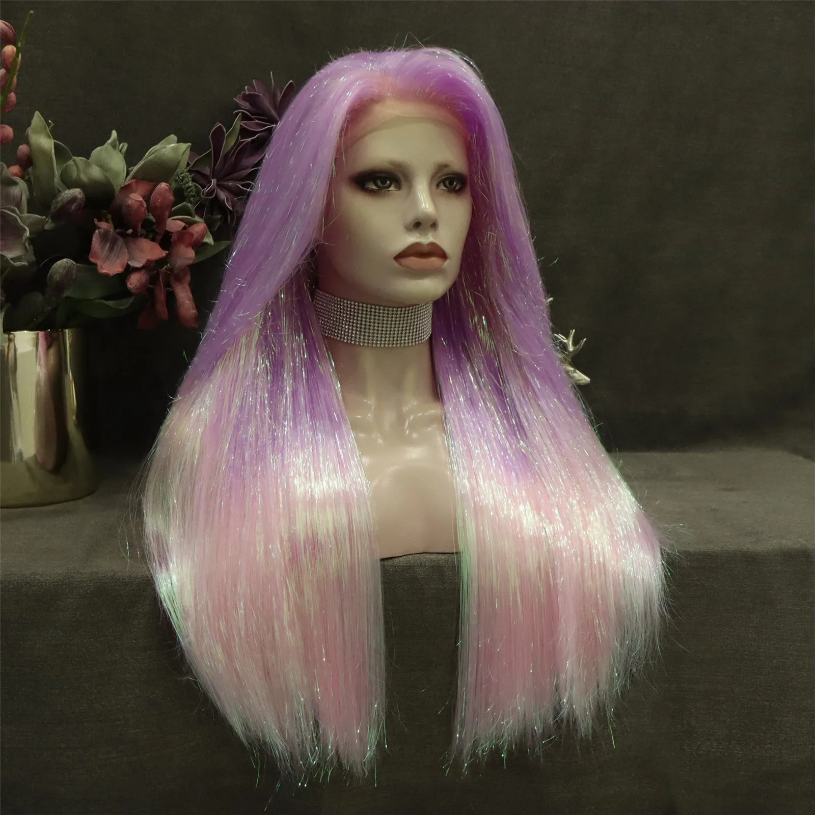 Pink Ombre Tinsel With Synthetic Long Straight Lace Front Costume Party Wig
