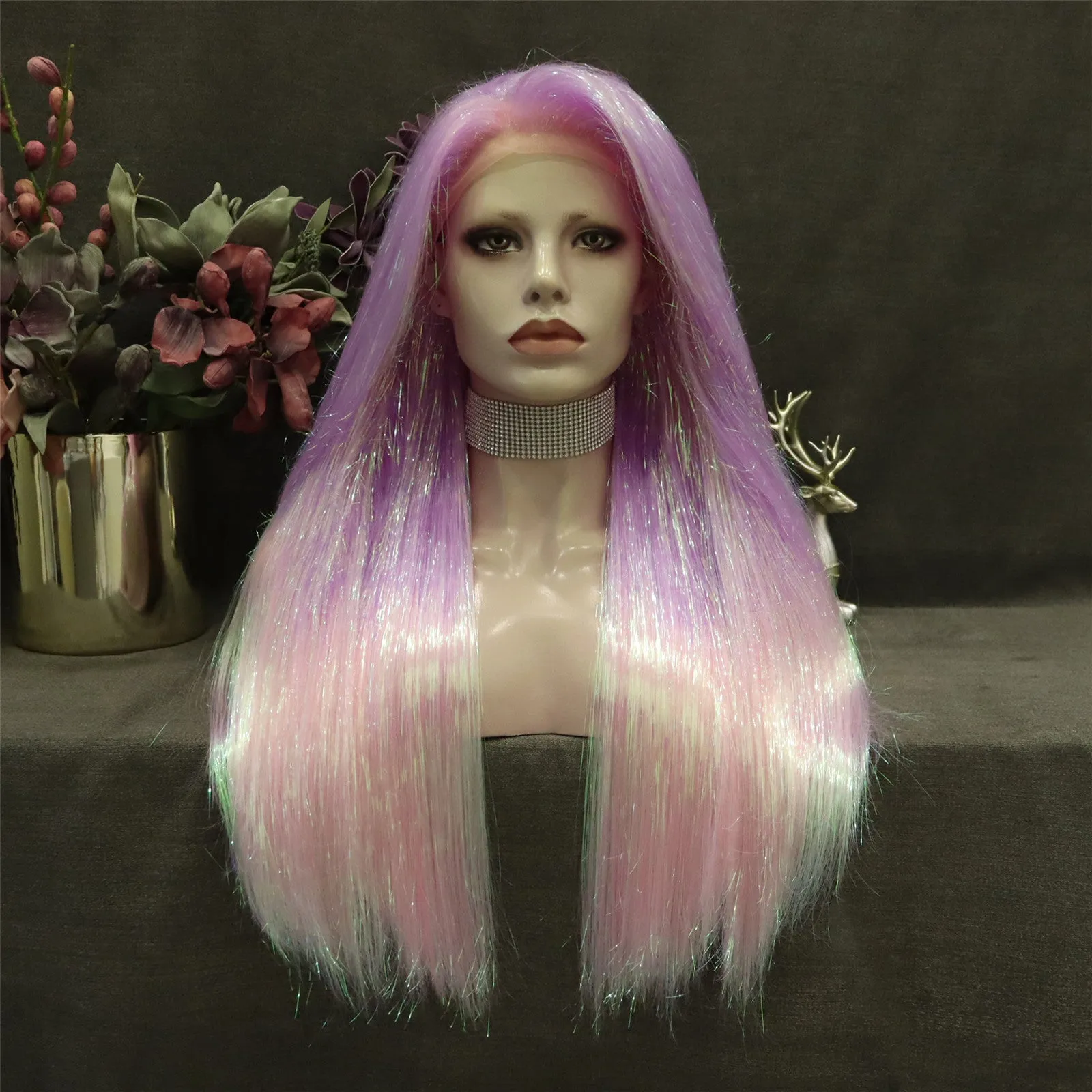 Pink Ombre Tinsel With Synthetic Long Straight Lace Front Costume Party Wig
