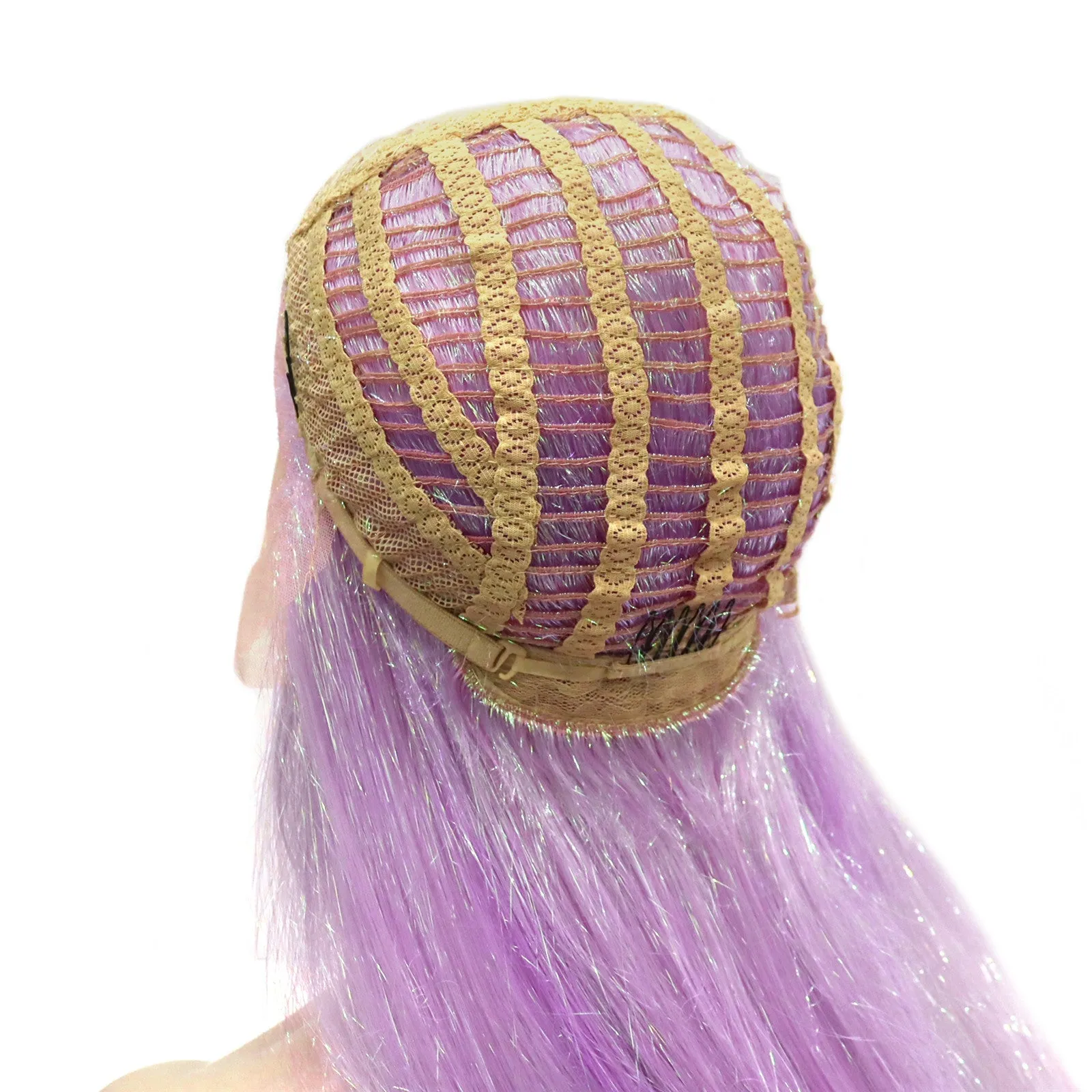 Pink Ombre Tinsel With Synthetic Long Straight Lace Front Costume Party Wig