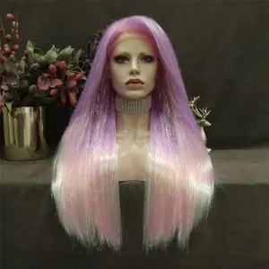 Pink Ombre Tinsel With Synthetic Long Straight Lace Front Costume Party Wig