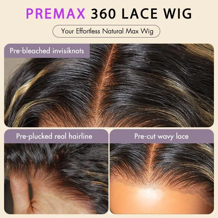 PRE MAX™ - 360 Lace Free Part Blonde Highlight Water Wave Natural Looking Wig Pre-Cut Lace