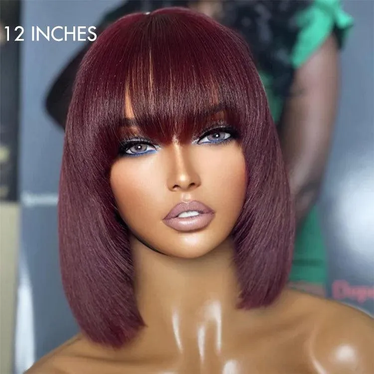 Put On and Go Reddish Purple Layered Cut Yaki Straight Minimalist Lace Bob Wig with Bangs Breathable Cap