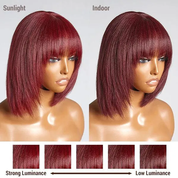 Put On and Go Reddish Purple Layered Cut Yaki Straight Minimalist Lace Bob Wig with Bangs Breathable Cap