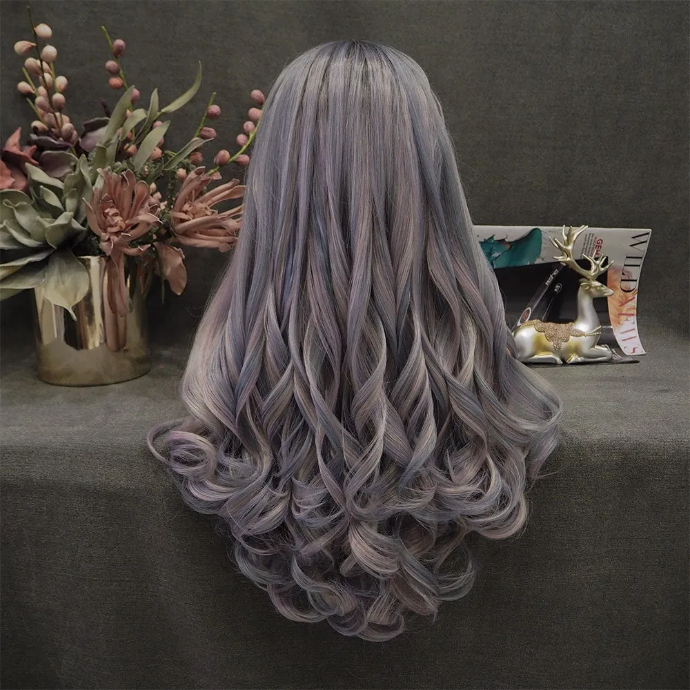 Siren - Low Key Gray Blue Long Wavy Synthetic Wig with Bangs