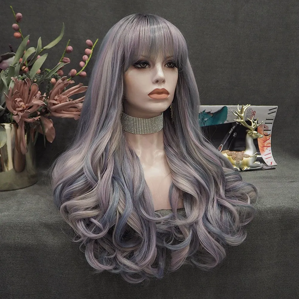 Siren - Low Key Gray Blue Long Wavy Synthetic Wig with Bangs