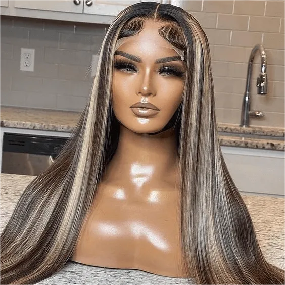 Tuneful Blonde Highlight Colored Lace Frontal Closure Straight Wigs