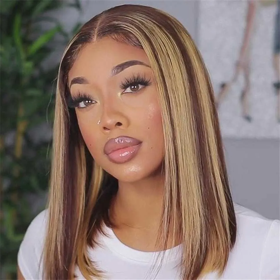 Tuneful Glueless Highlight Bob Wigs Colored Human Hair Straight Frontal Closure Wig