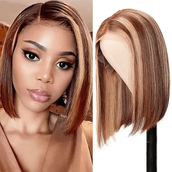Tuneful Glueless Highlight Bob Wigs Colored Human Hair Straight Frontal Closure Wig