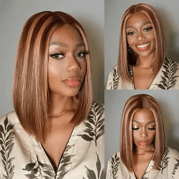 Tuneful Glueless Highlight Bob Wigs Colored Human Hair Straight Frontal Closure Wig