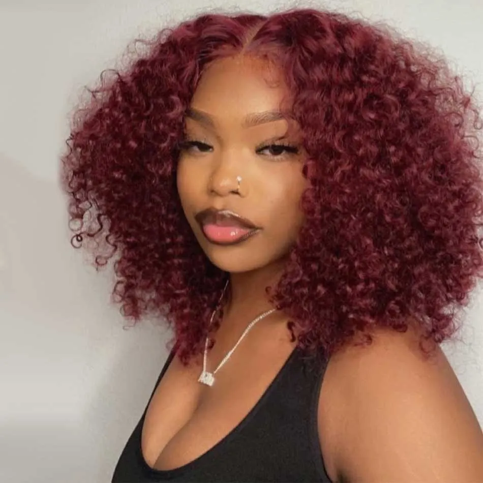 Tuneful Glueless Short Curly Burgundy Colored Human Hair Bob Wigs