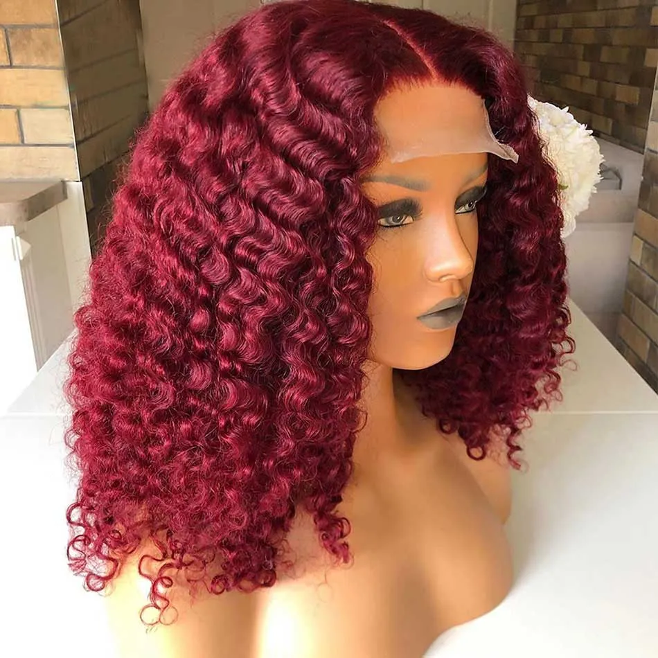 Tuneful Glueless Short Curly Burgundy Colored Human Hair Bob Wigs
