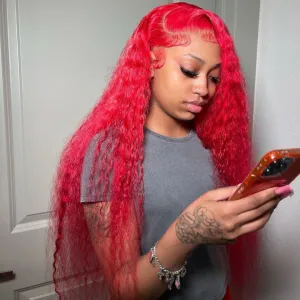 Tuneful Special Customised Red 13x6 Lace Front Human Hair Wigs Brazilian Deep Wave 613 Frontal Wigs 210% Density