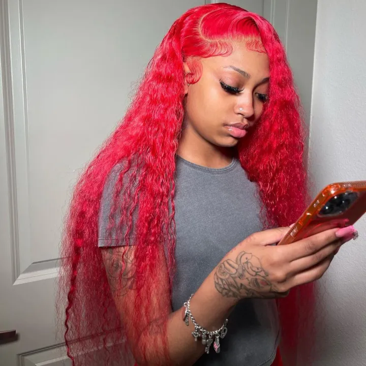 Tuneful Special Customised Red 13x6 Lace Front Human Hair Wigs Brazilian Deep Wave 613 Frontal Wigs 210% Density